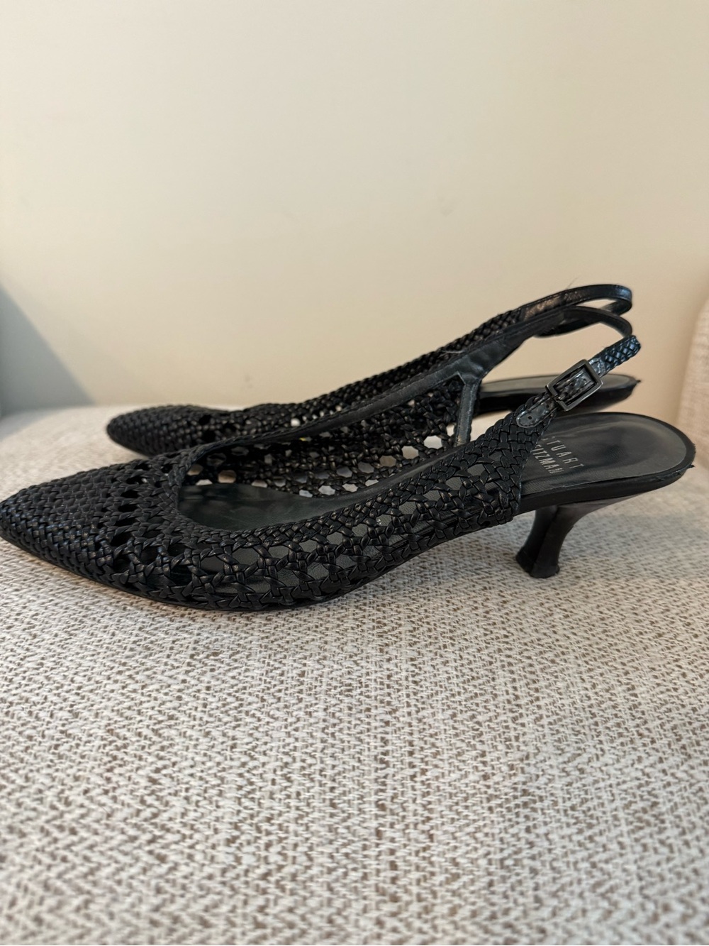 Stuart Weitzman Black Woven Slingback Kitten Heels